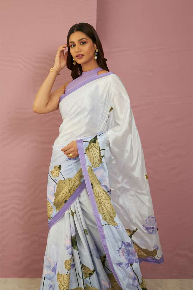 Purple Printed Viscose Crepe Saree image number
