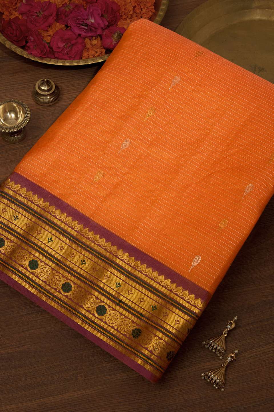 Orange Woven Pure Silk Gadwal Saree
