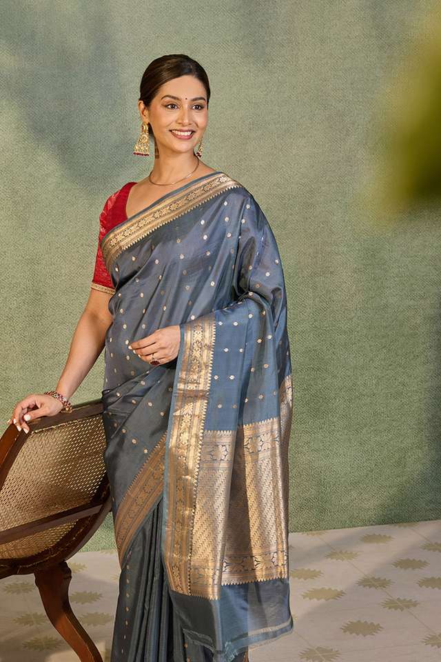 Grey Silk Viscose Cutwork Banaras  Saree image number