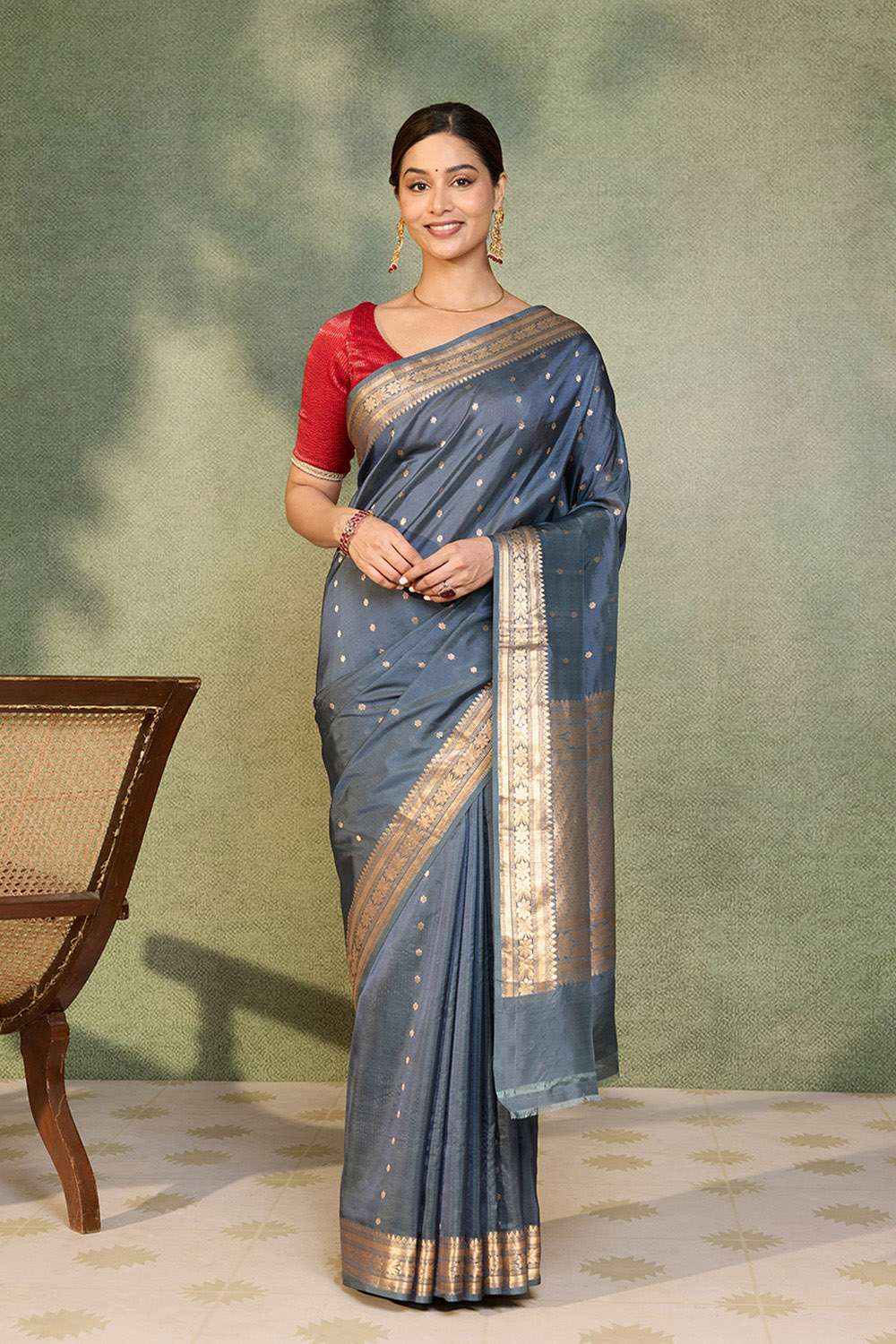 Grey Silk Viscose Cutwork Banaras  Saree image number null