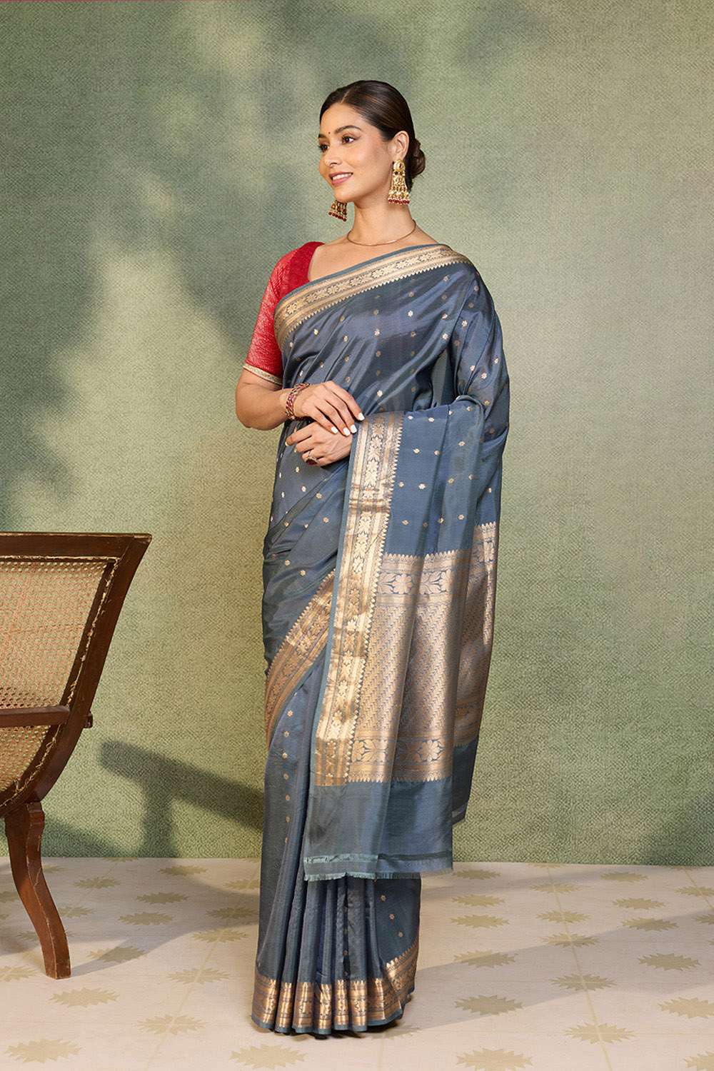 Grey Silk Viscose Cutwork Banaras  Saree image number null