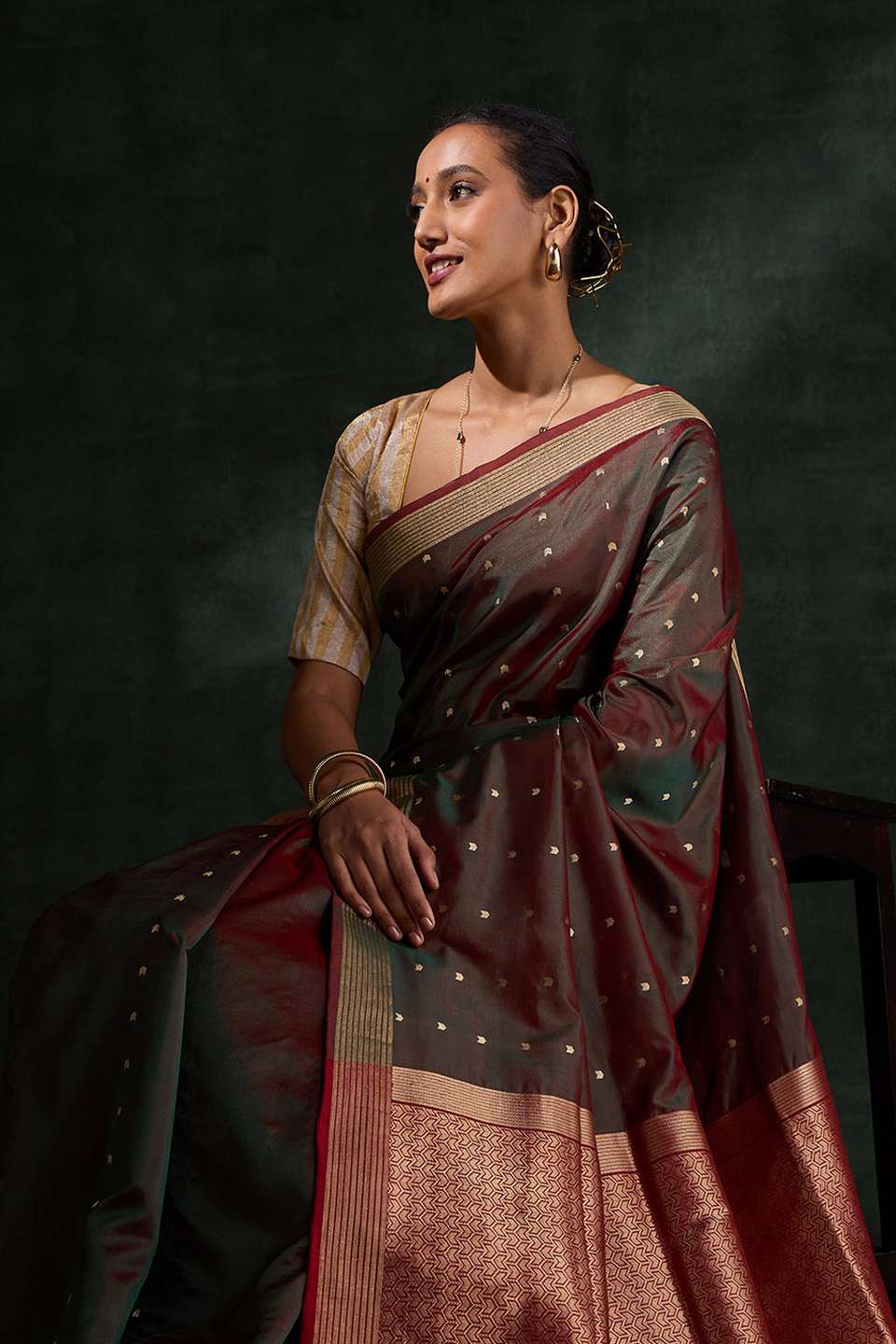 Dark Green Silk Viscose Cutwork Saree