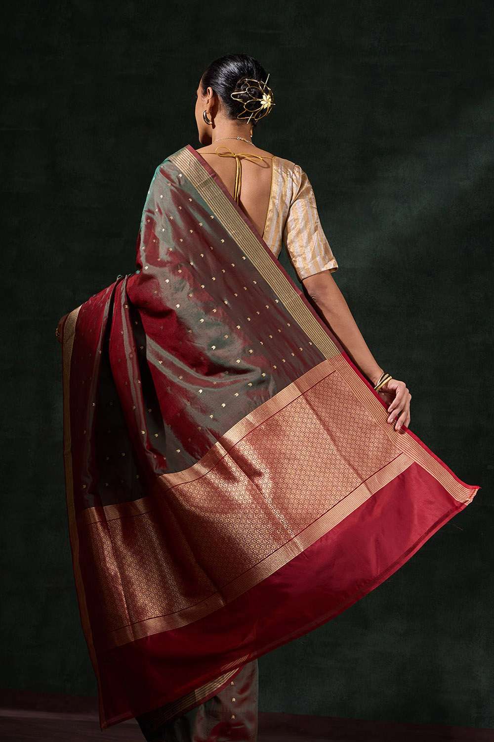 Dark Green Silk Viscose Cutwork Saree image number null