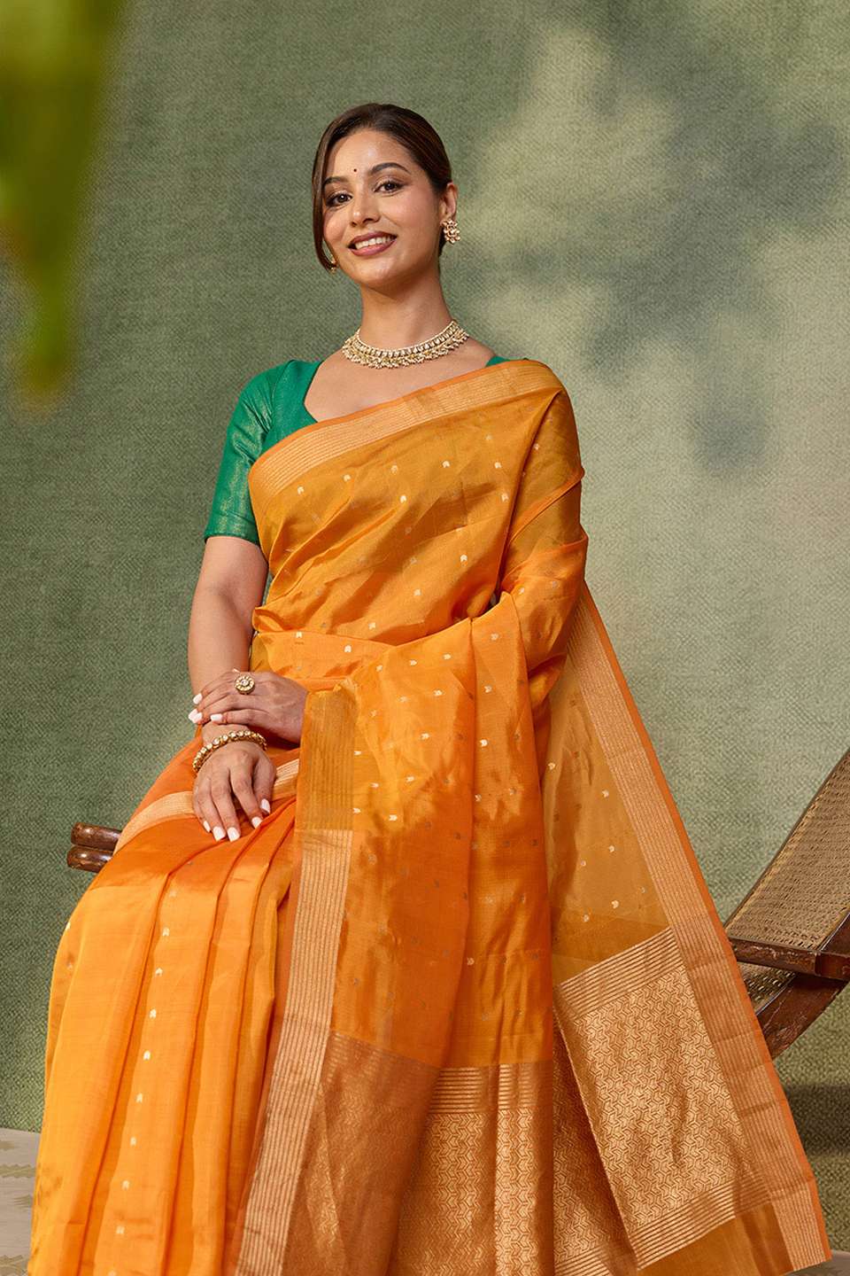 Orange Silk Viscose Cutwork Banaras  Saree