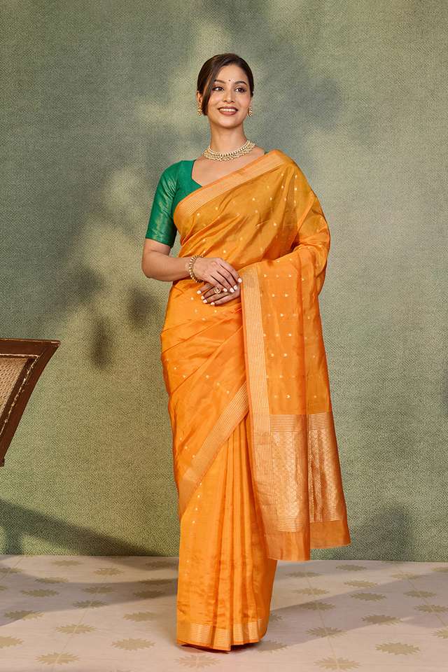Orange Silk Viscose Cutwork Banaras  Saree thumbnail image number null
