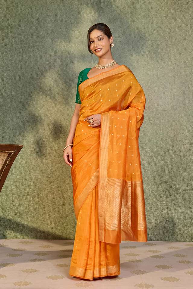 Orange Silk Viscose Cutwork Banaras  Saree thumbnail image number null