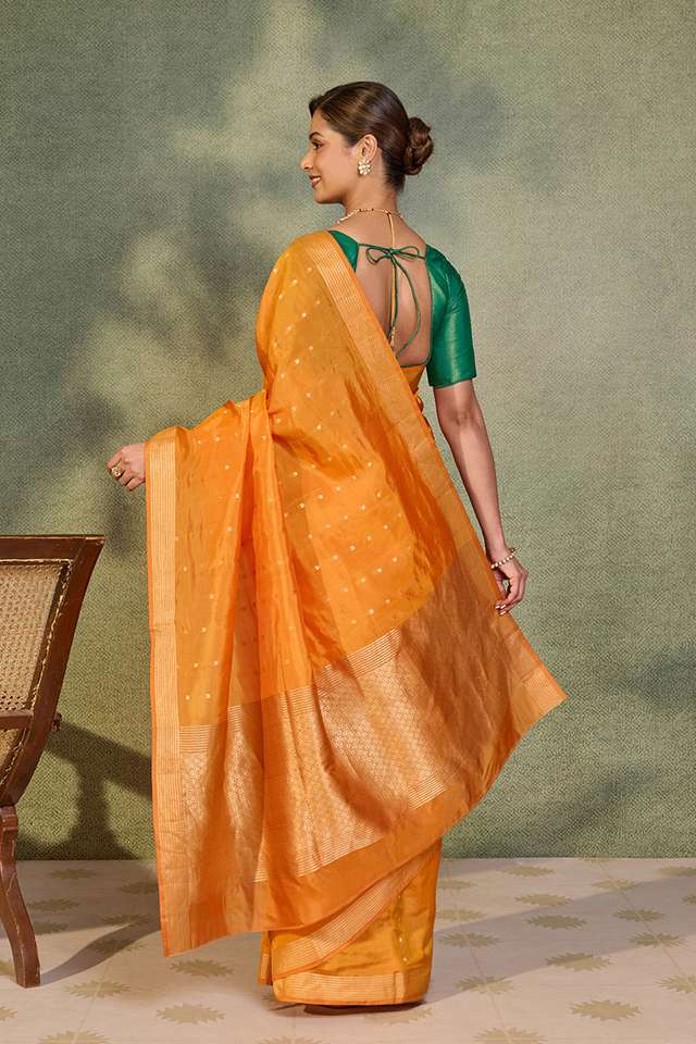 Orange Silk Viscose Cutwork Banaras  Saree thumbnail image number null