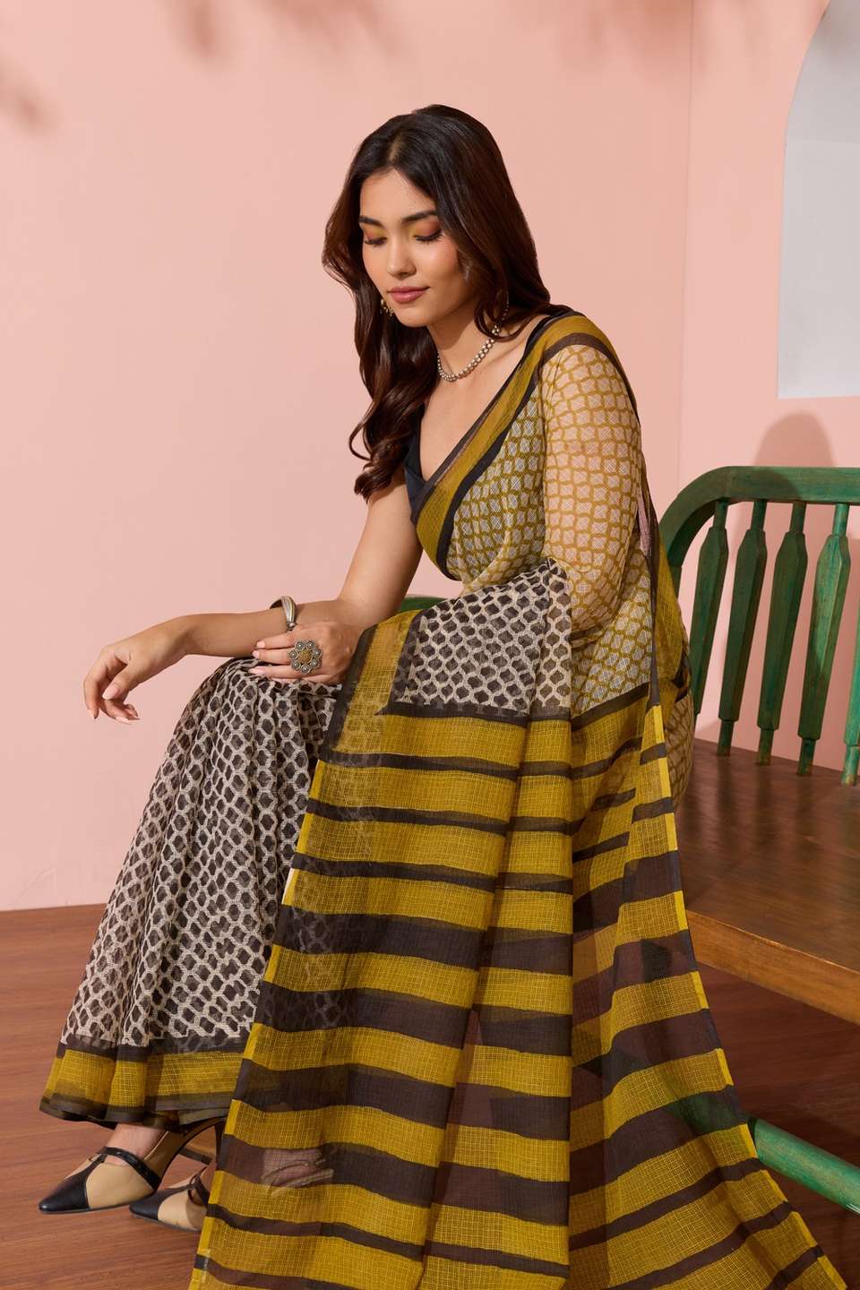Yellow Bagru Block Printed Pure Cotton Kota Saree