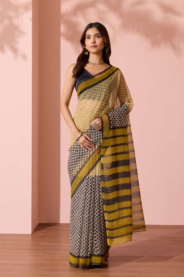 Yellow Bagru Block Printed Pure Cotton Kota Saree thumbnail image number null