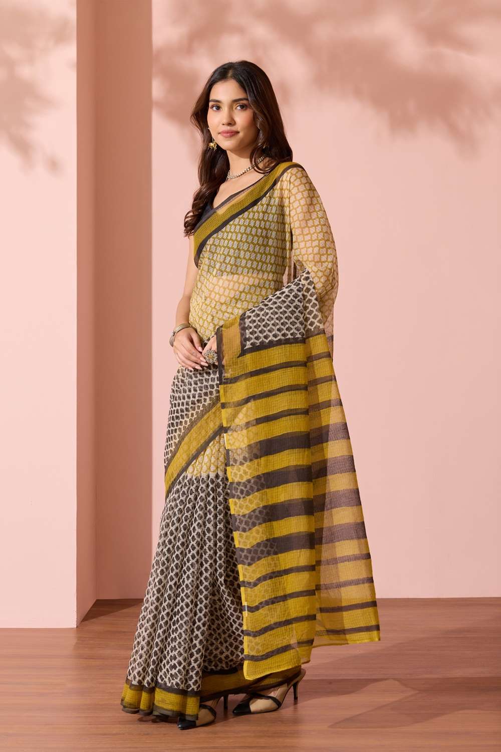 Yellow Bagru Block Printed Pure Cotton Kota Saree image number null