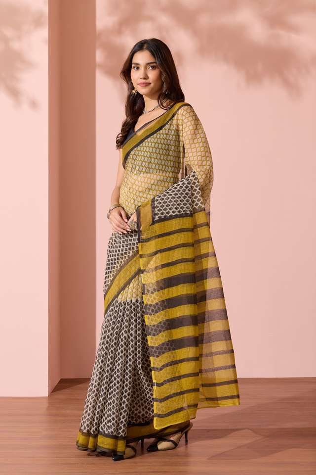 Yellow Bagru Block Printed Pure Cotton Kota Saree thumbnail image number null