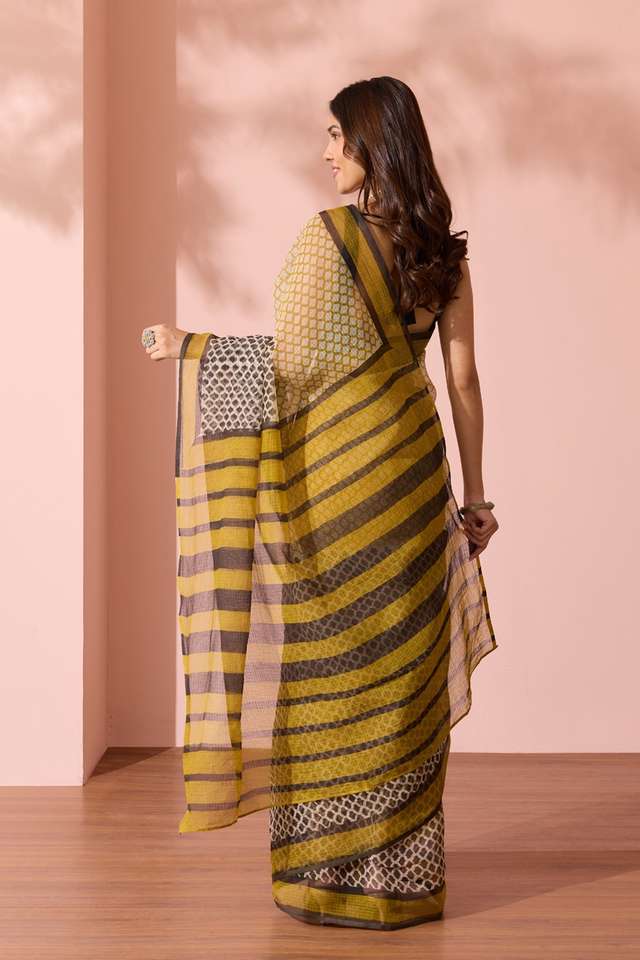Yellow Bagru Block Printed Pure Cotton Kota Saree thumbnail image number null