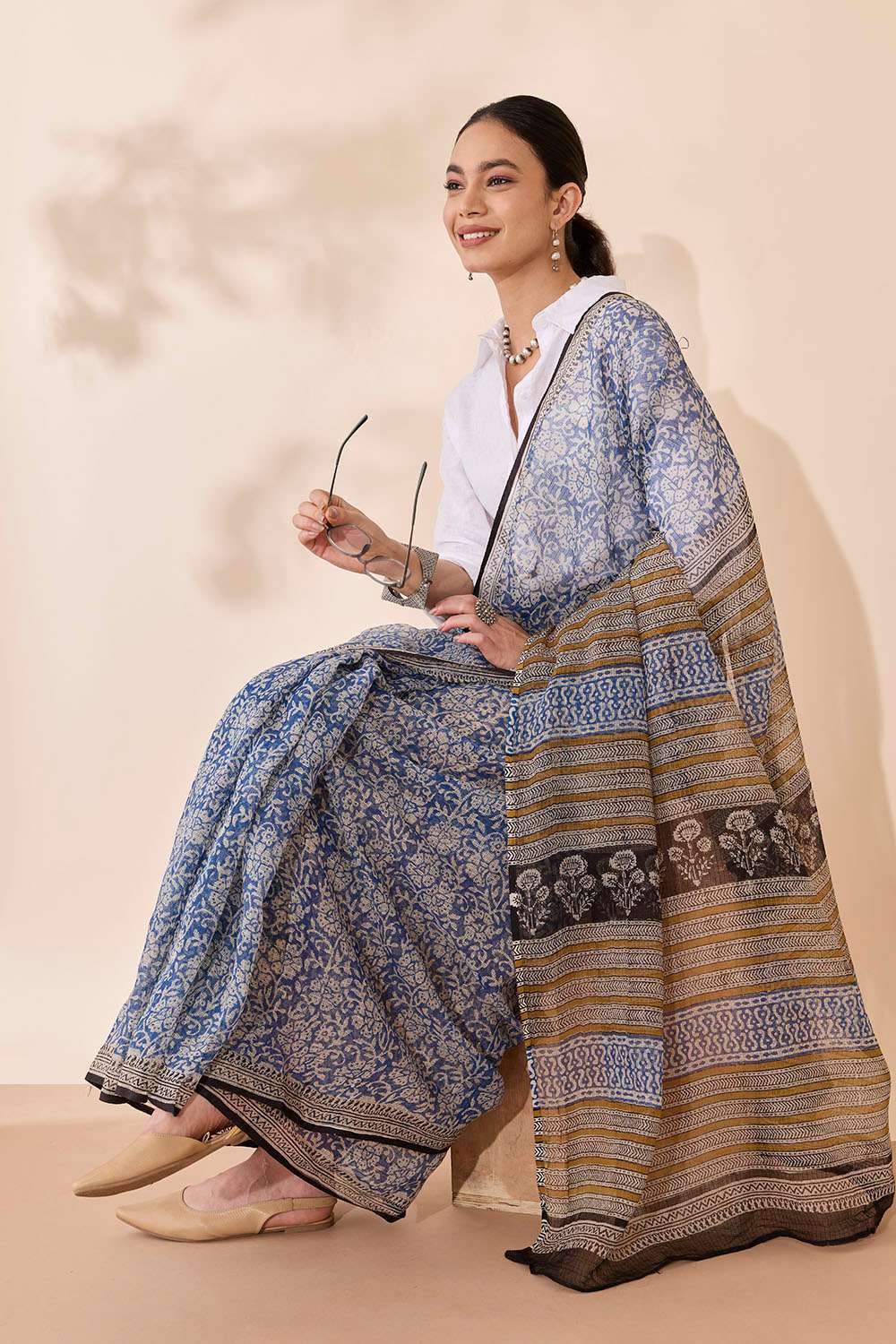 Light Blue Bagru Block Printed Pure Cotton Kota Saree image number null