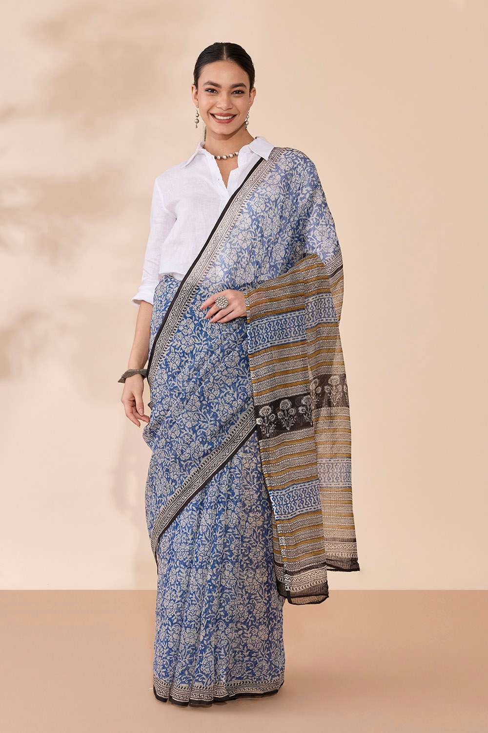 Light Blue Bagru Block Printed Pure Cotton Kota Saree image number null