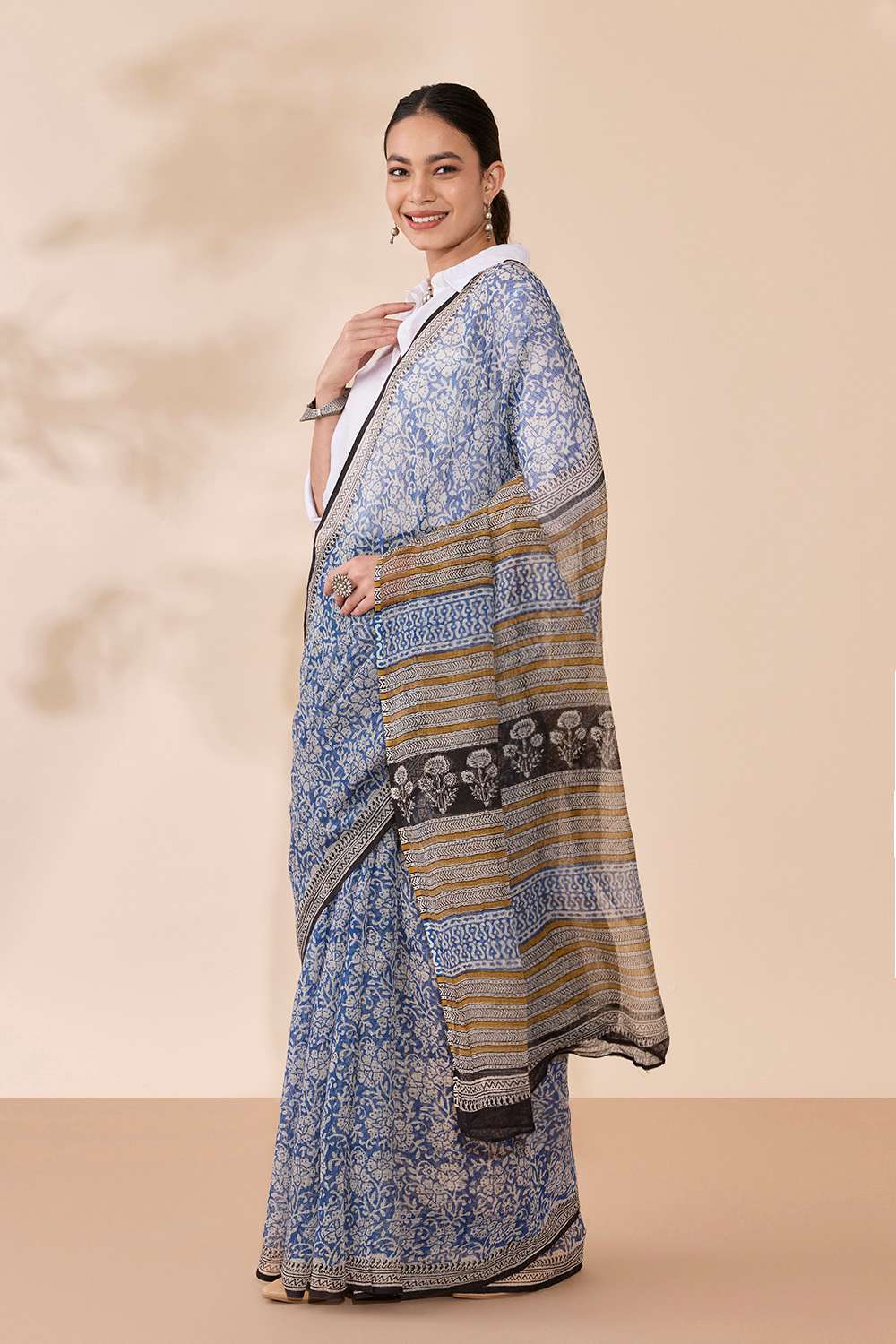 Light Blue Bagru Block Printed Pure Cotton Kota Saree image number null