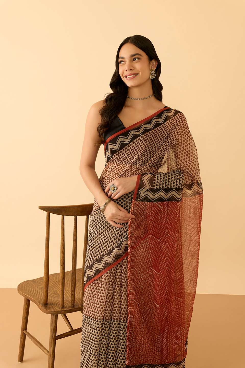 Brown Block Printed Bagru Pure Cotton Kota Saree