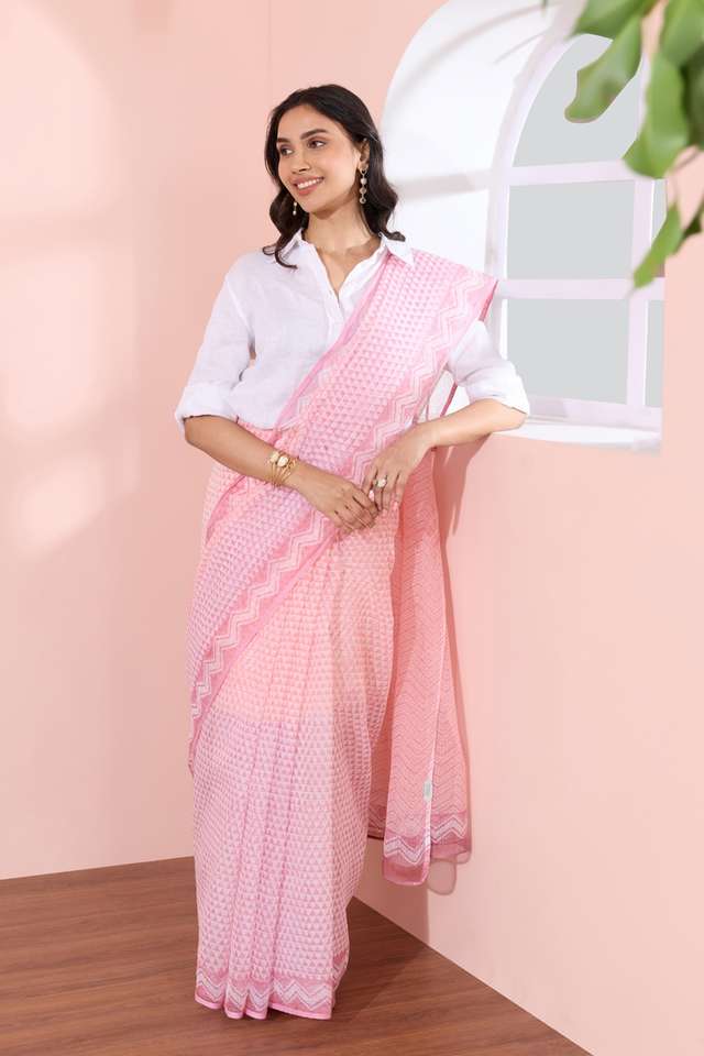 Light Pink Bagru Block Printed Pure Cotton Kota Saree