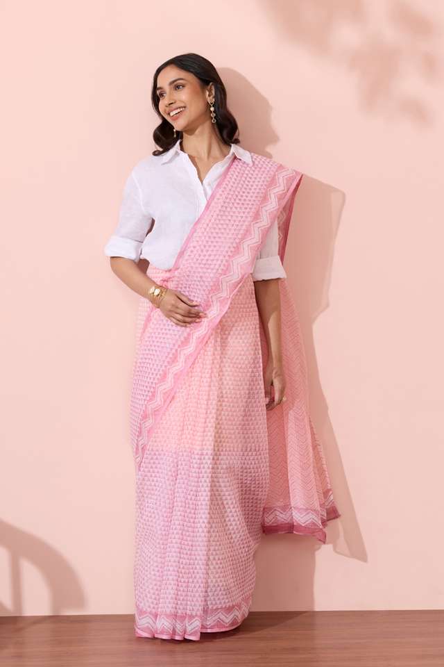 Light Pink Bagru Block Printed Pure Cotton Kota Saree thumbnail image number null