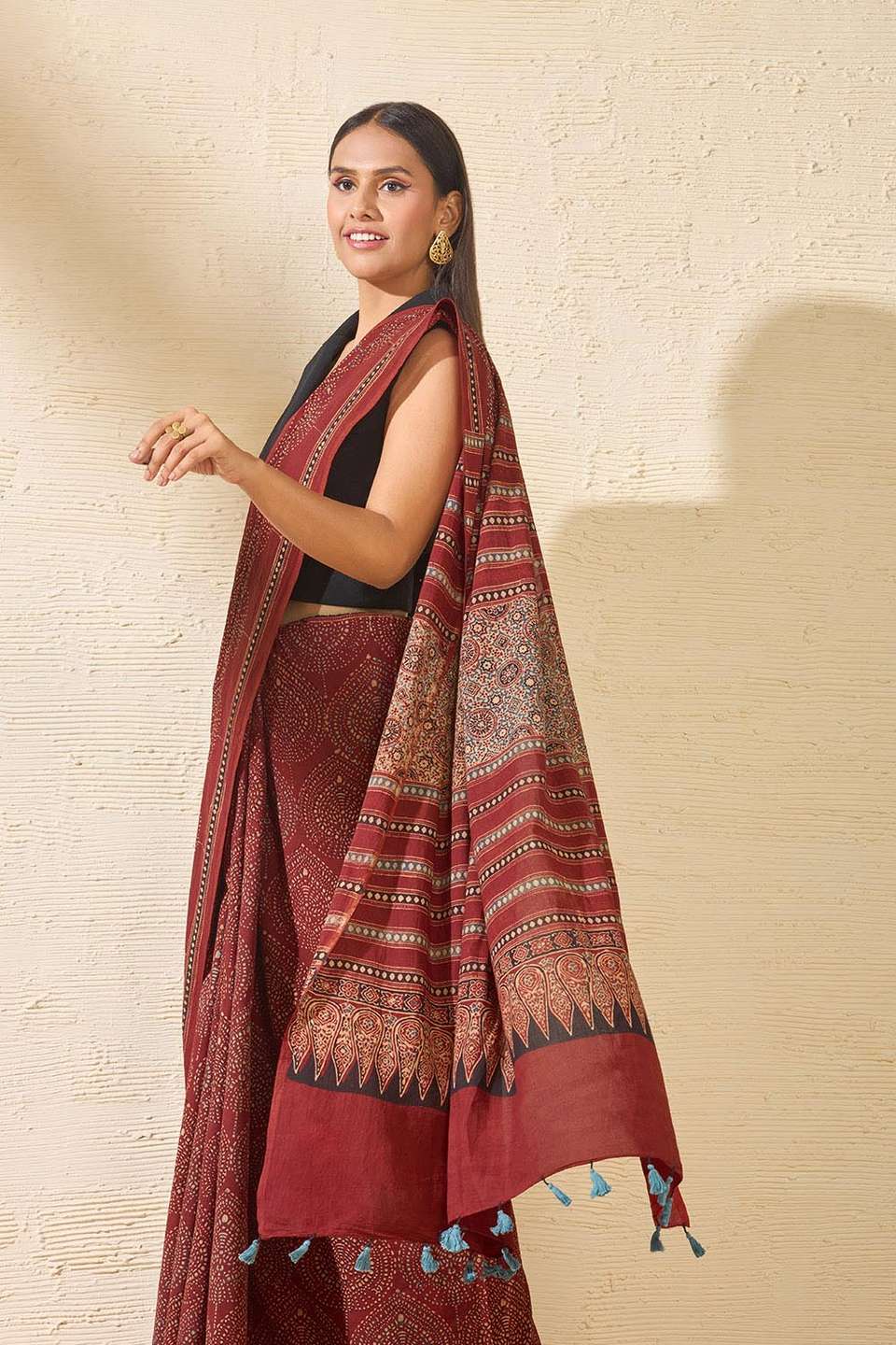 Red Gujarat Pure Cotton Ajrakh Saree