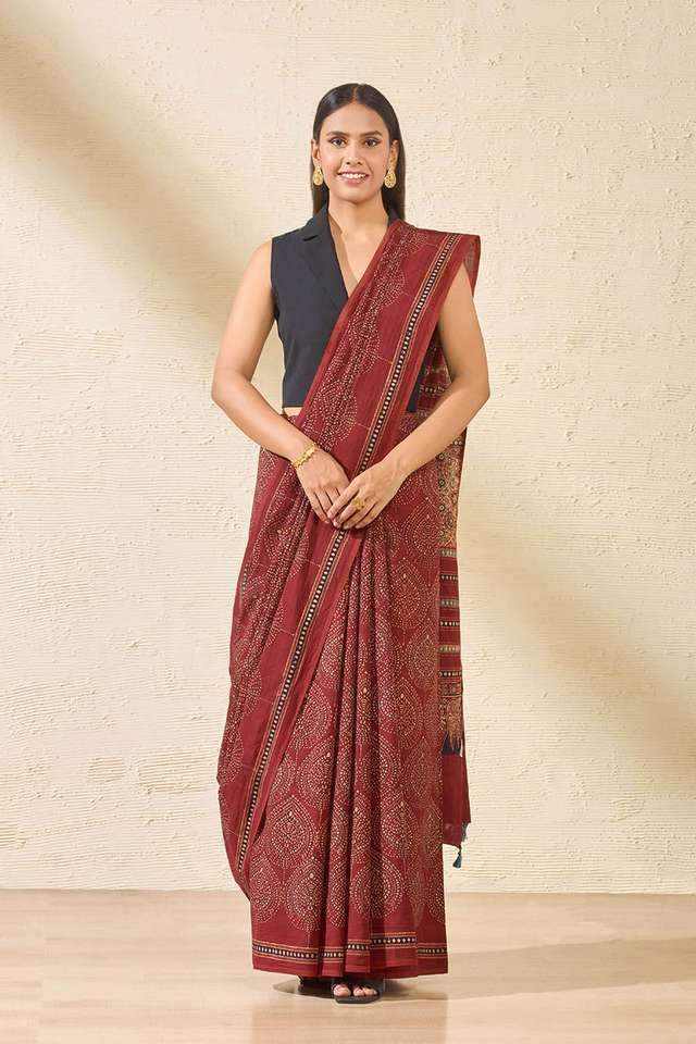 Red Gujarat Pure Cotton Ajrakh Saree thumbnail image number null