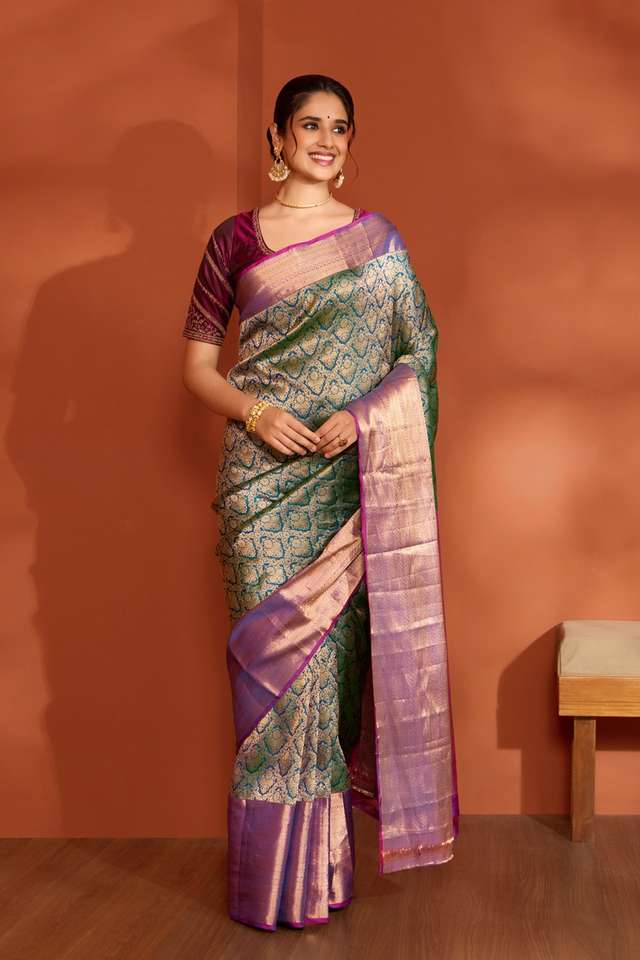 Dark Blue Woven Kanjeevaram Inspired Design Silk Viscose Saree thumbnail image number null