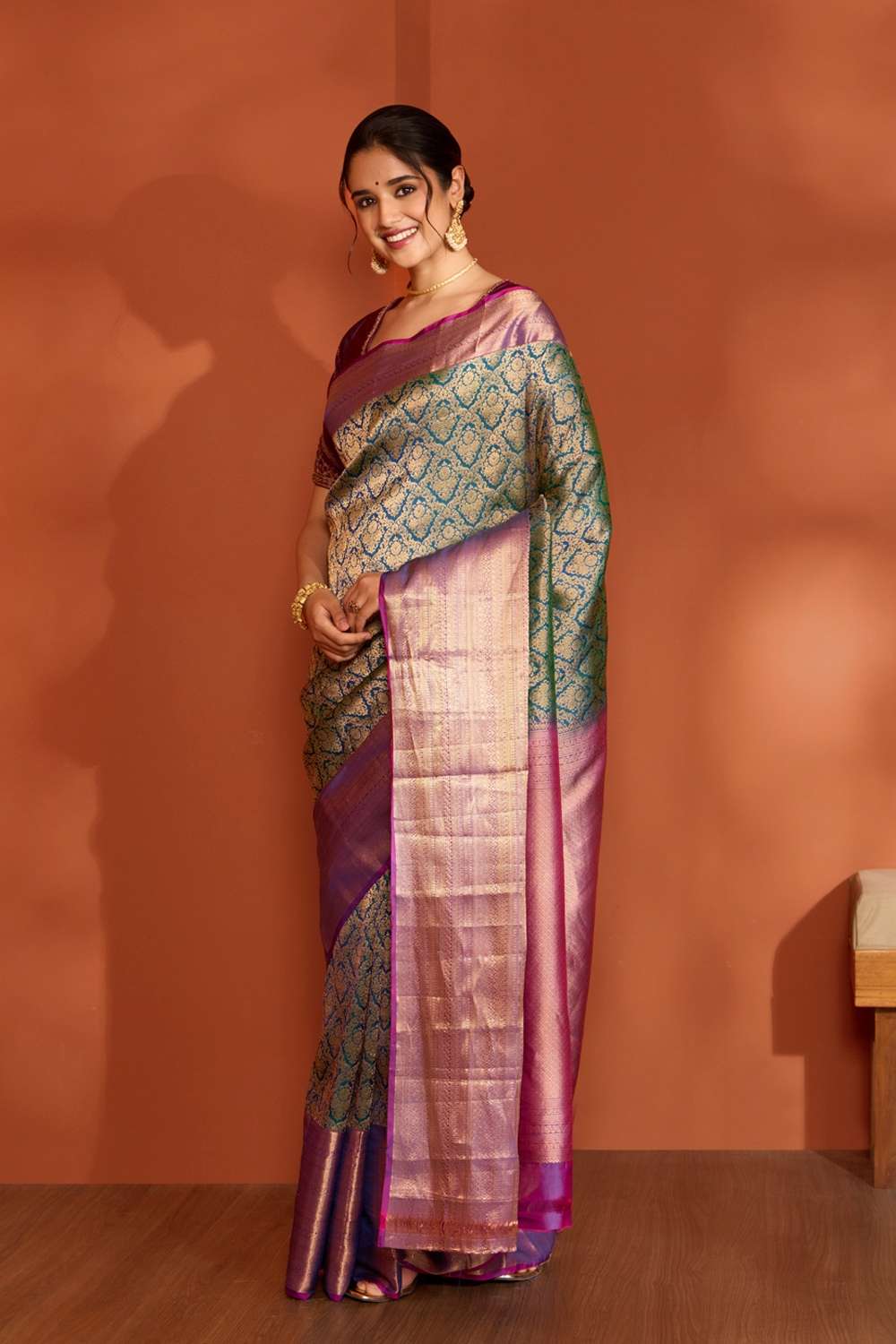 Dark Blue Woven Kanjeevaram Inspired Design Silk Viscose Saree image number null