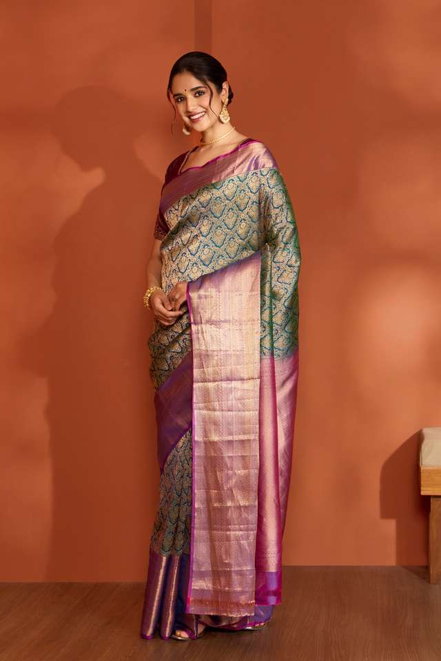 Dark Blue Woven Kanjeevaram Inspired Design Silk Viscose Saree thumbnail image number null