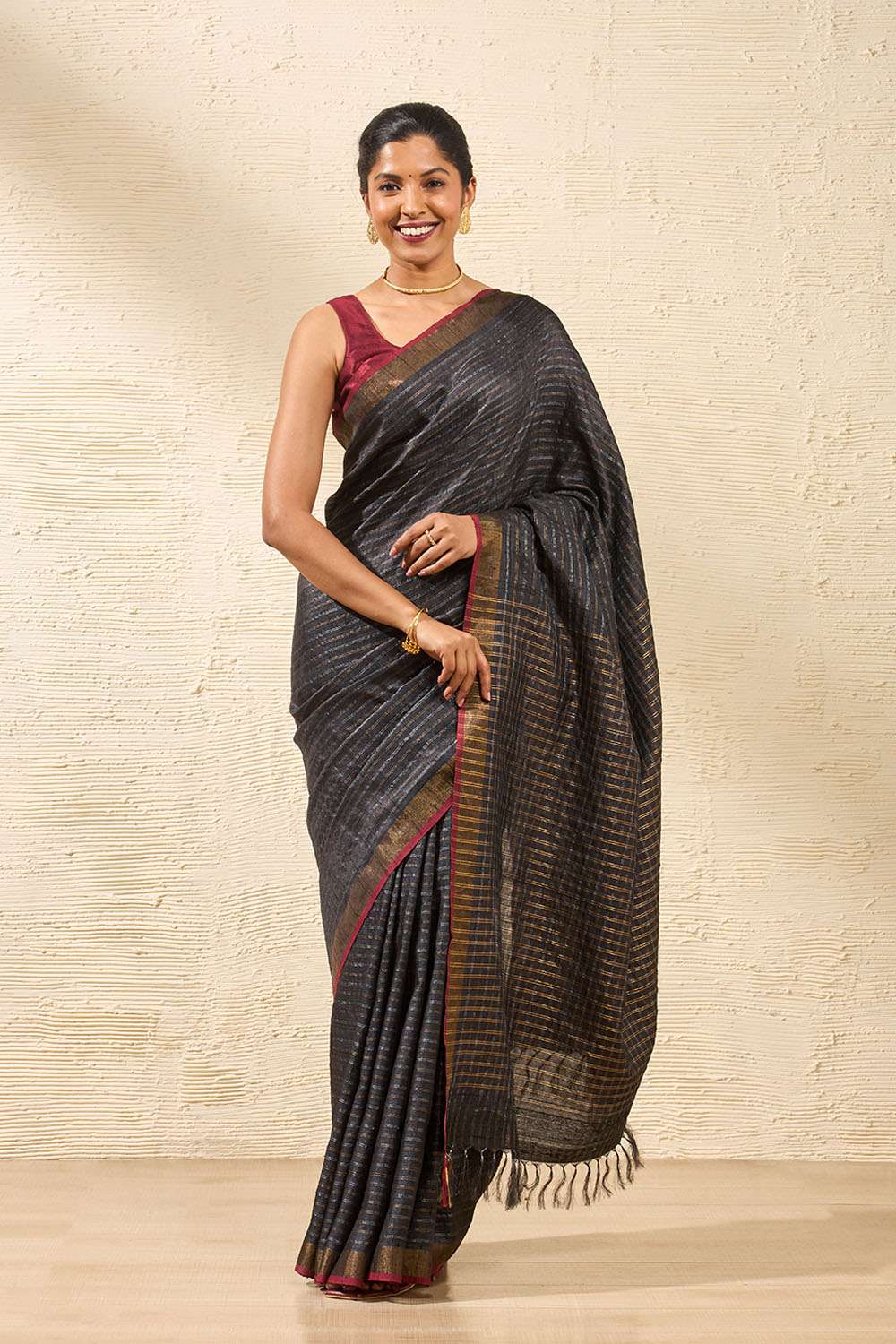 Black Bhagalpur Woven Pure Tussar Silk Saree image number null