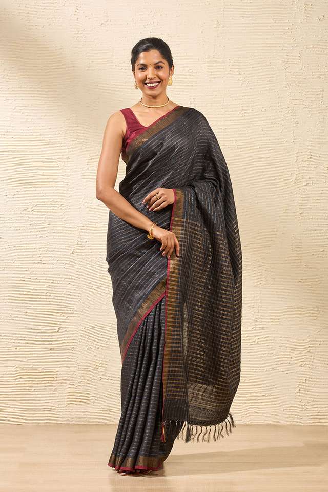 Black Bhagalpur Woven Pure Tussar Silk Saree image number