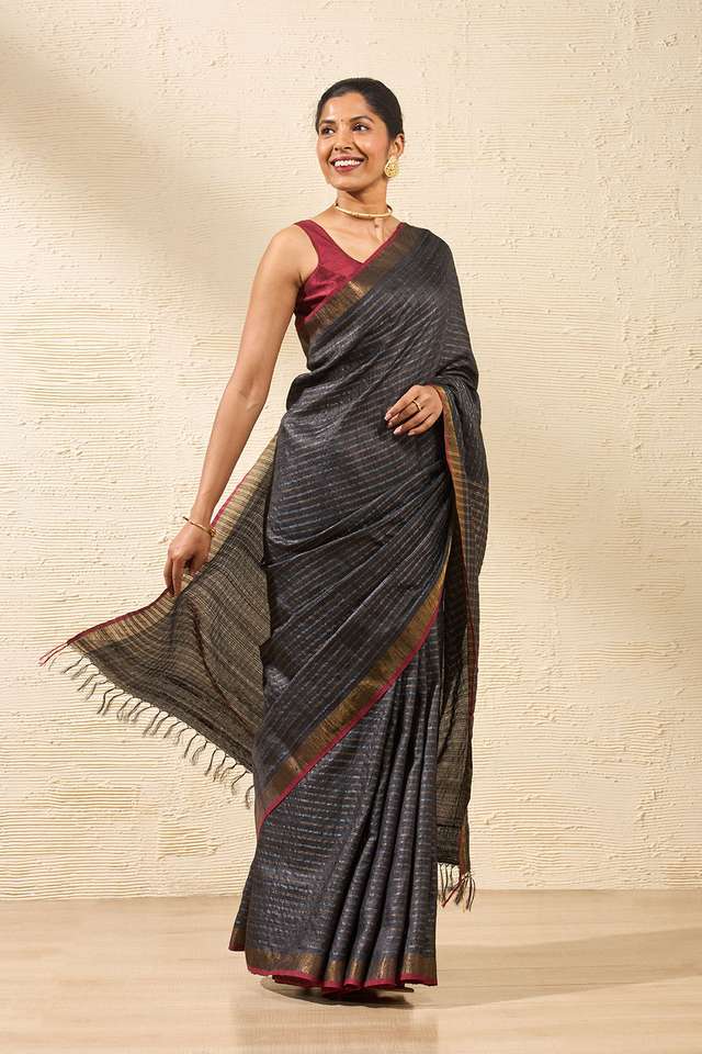 Black Bhagalpur Woven Pure Tussar Silk Saree thumbnail image number null