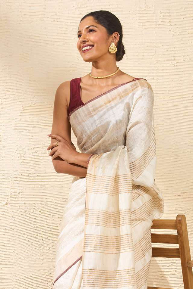 Off White Bhagalpur Woven Pure Tussar Silk Saree image number
