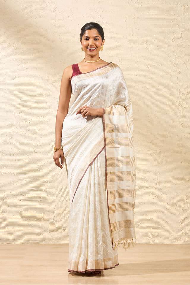 Off White Bhagalpur Woven Pure Tussar Silk Saree thumbnail image number null