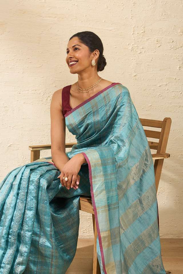 Light Blue Bhagalpur Woven Pure Tussar Silk Saree image number