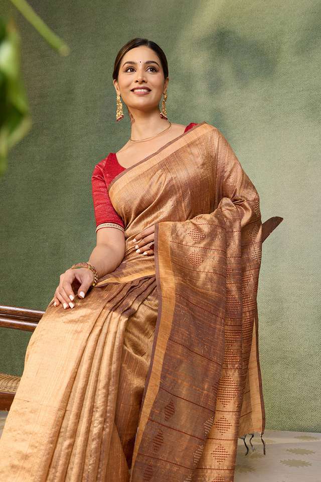 Orange Bhagalpur Woven Pure Tussar Silk Saree image number