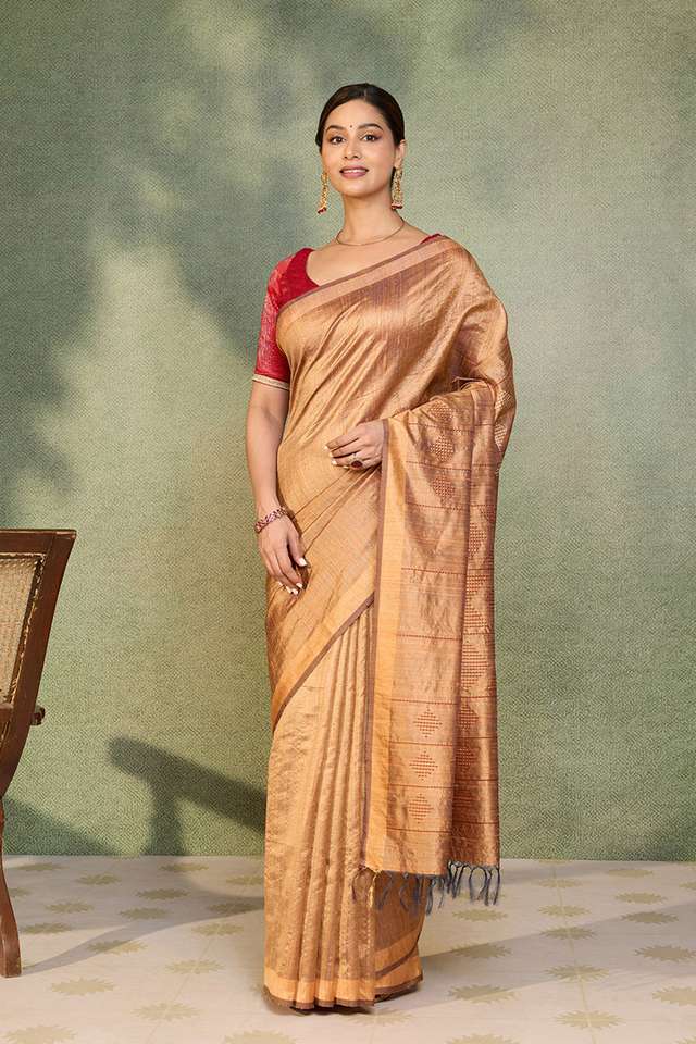Orange Bhagalpur Woven Pure Tussar Silk Saree thumbnail image number null