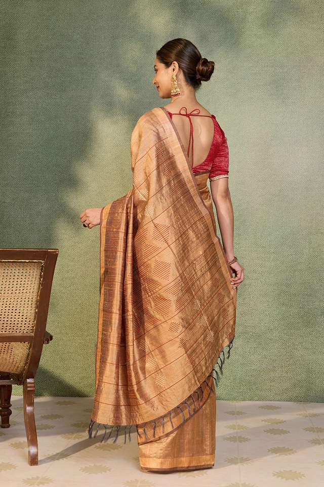 Orange Bhagalpur Woven Pure Tussar Silk Saree thumbnail image number null