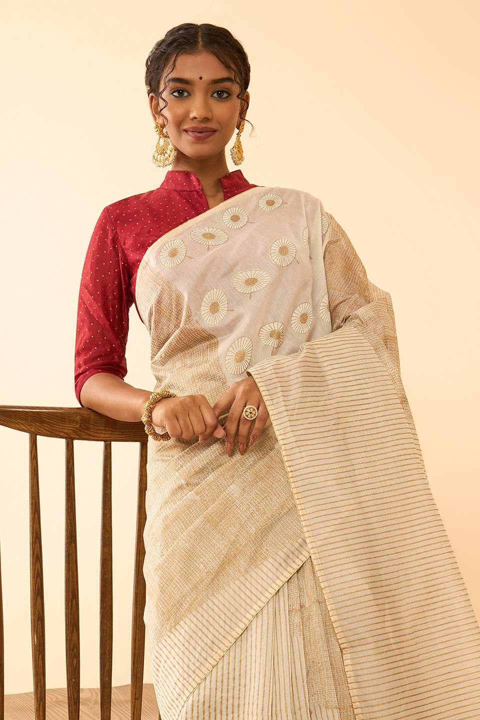 Off White Pure Silk Cotton Block Printed Embroidered Saree