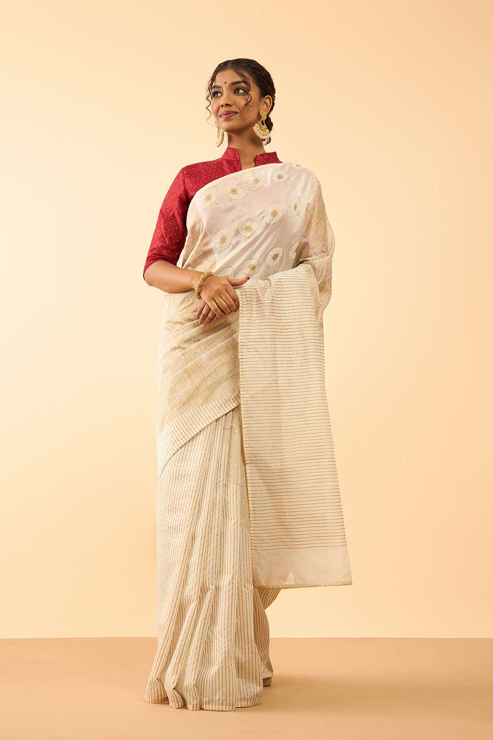 Off White Pure Silk Cotton Block Printed Embroidered Saree image number null