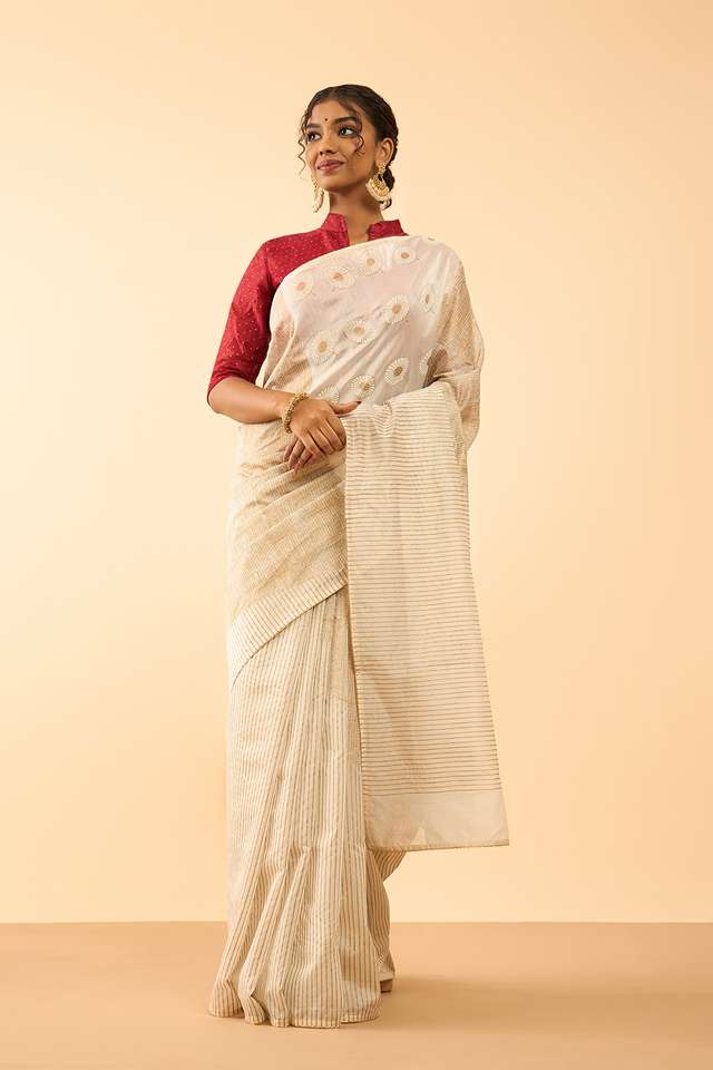 Off White Pure Silk Cotton Block Printed Embroidered Saree thumbnail image number null