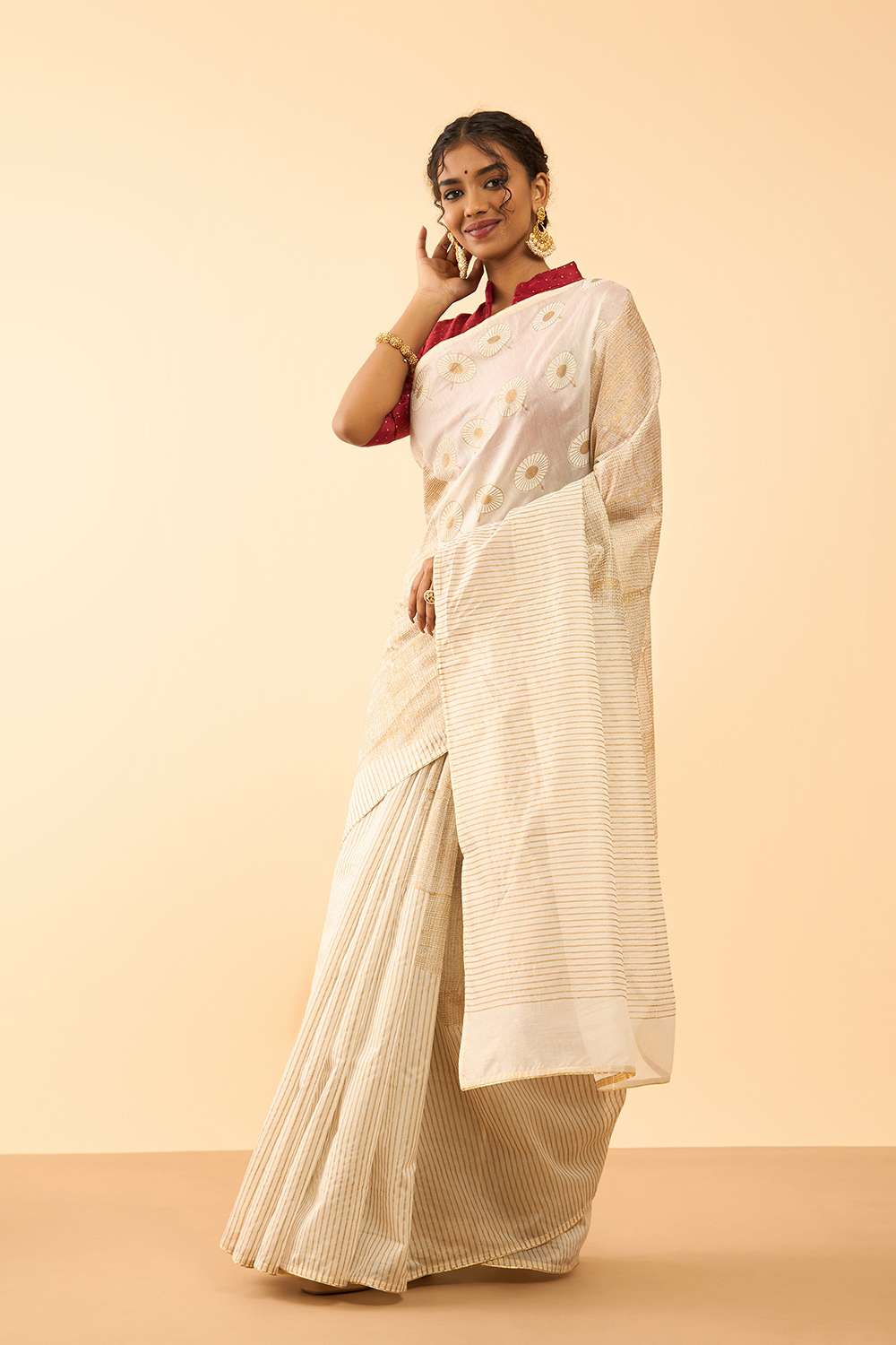 Off White Pure Silk Cotton Block Printed Embroidered Saree image number null