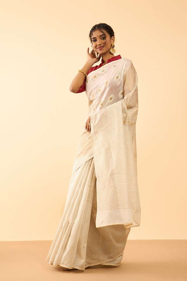 Off White Pure Silk Cotton Block Printed Embroidered Saree thumbnail image number null
