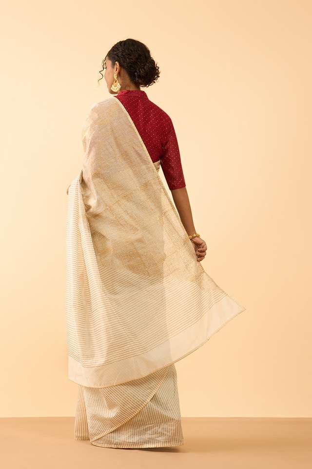 Off White Pure Silk Cotton Block Printed Embroidered Saree thumbnail image number null
