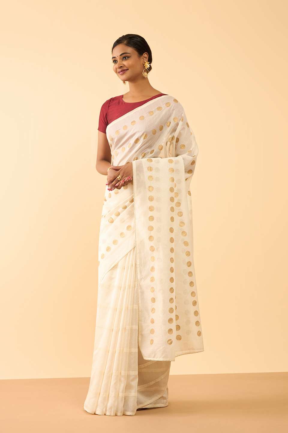 Off White Pure Silk Cotton Block Printed Embroidered Saree