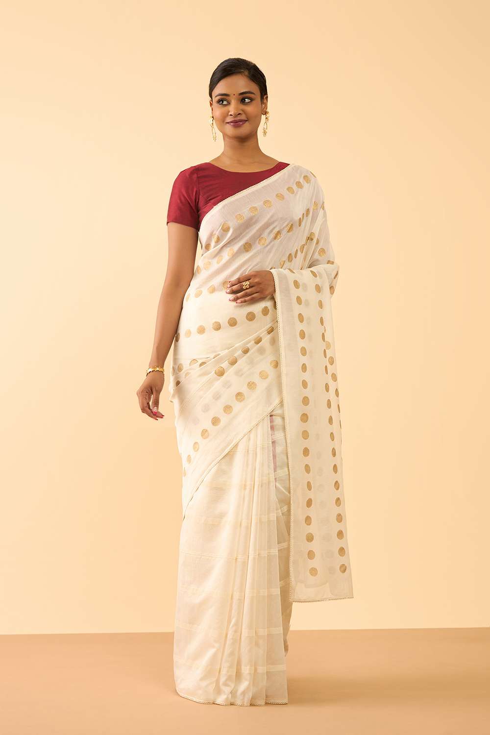Off White Pure Silk Cotton Block Printed Embroidered Saree image number null