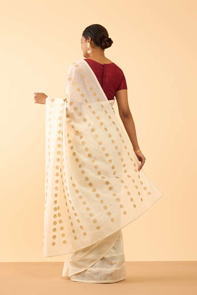 Off White Pure Silk Cotton Block Printed Embroidered Saree thumbnail image number null