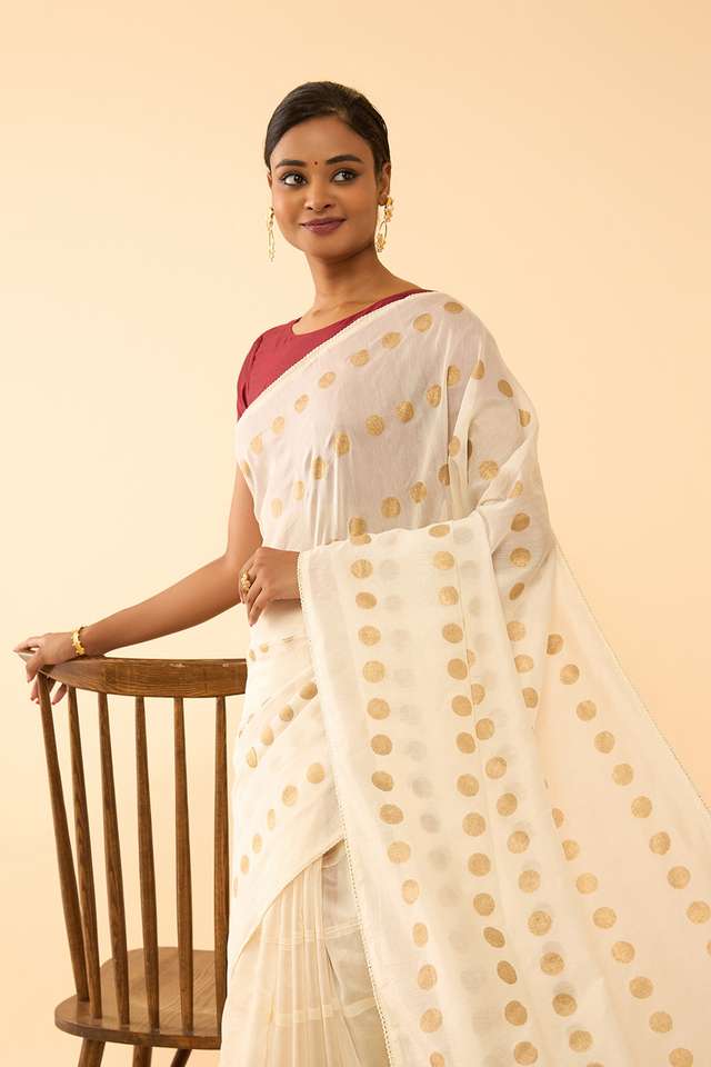 Off White Pure Silk Cotton Block Printed Embroidered Saree thumbnail image number null