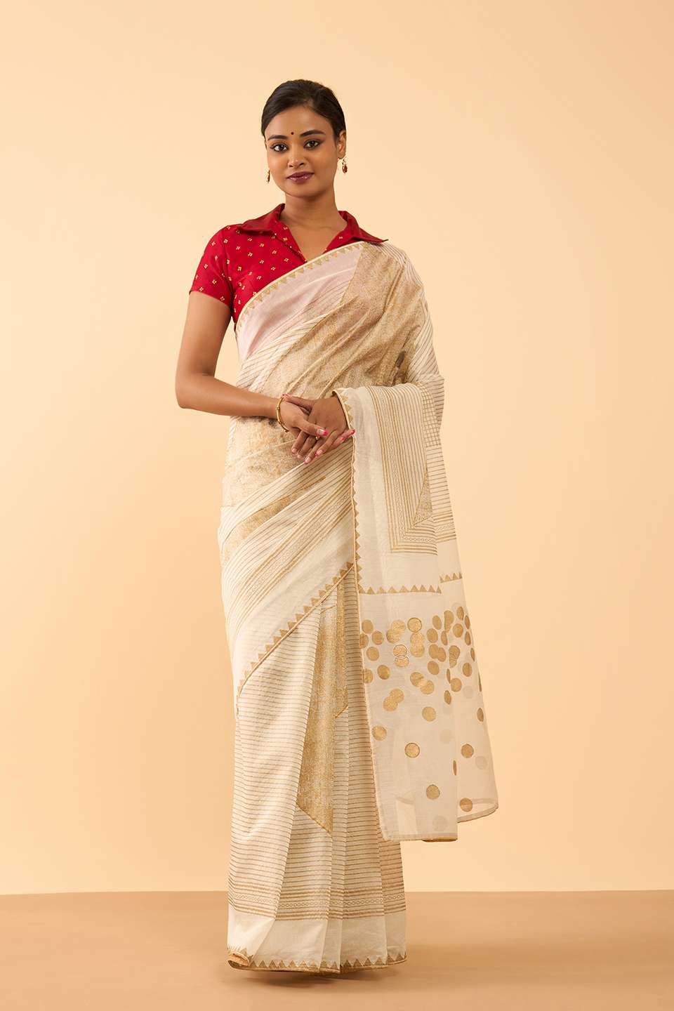 Off White Pure Silk Cotton Block Printed Embroidered Saree