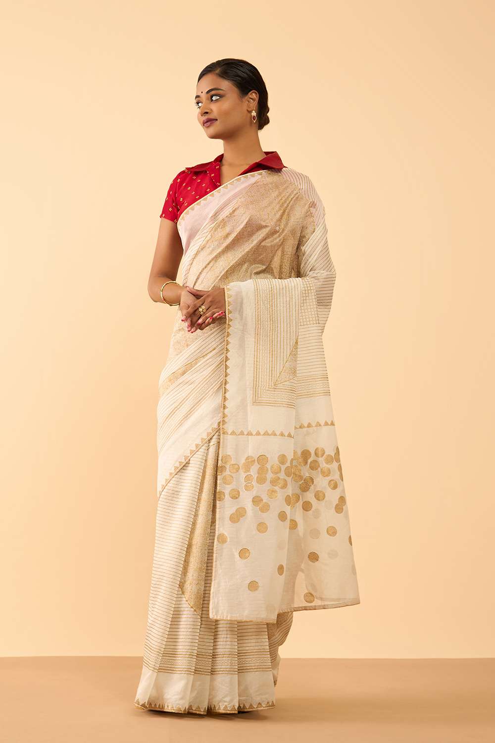 Off White Pure Silk Cotton Block Printed Embroidered Saree image number null