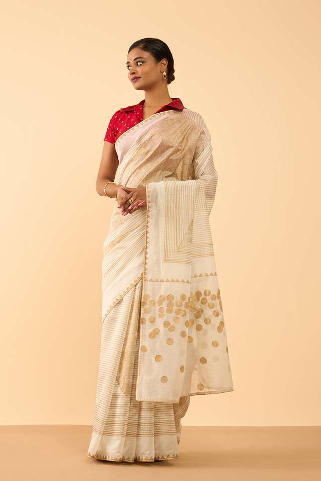 Off White Pure Silk Cotton Block Printed Embroidered Saree thumbnail image number null