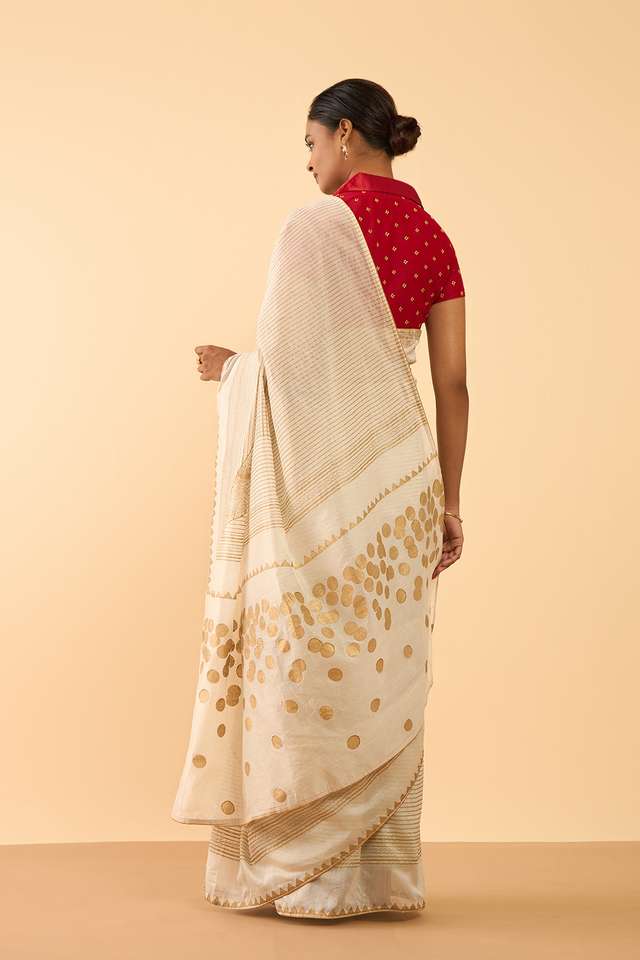 Off White Pure Silk Cotton Block Printed Embroidered Saree thumbnail image number null